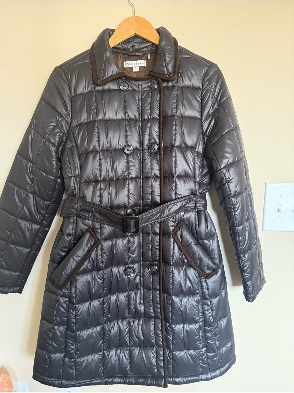 Via Spiga Quilted Belted Coat Faux Fur Lined – Size Small